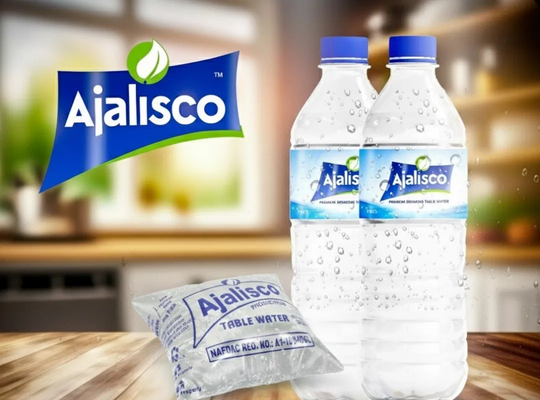 Ajalisco bottled water and sachet on a kitchen counter